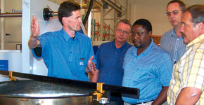 SKF's Warren Walker demonstrates the Kevlar ruler for accurately measuring bearing diameters